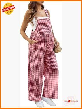 Womens Maternity Overalls Gingham Print Sleeveless Wide Leg Y2K Jumpsuit